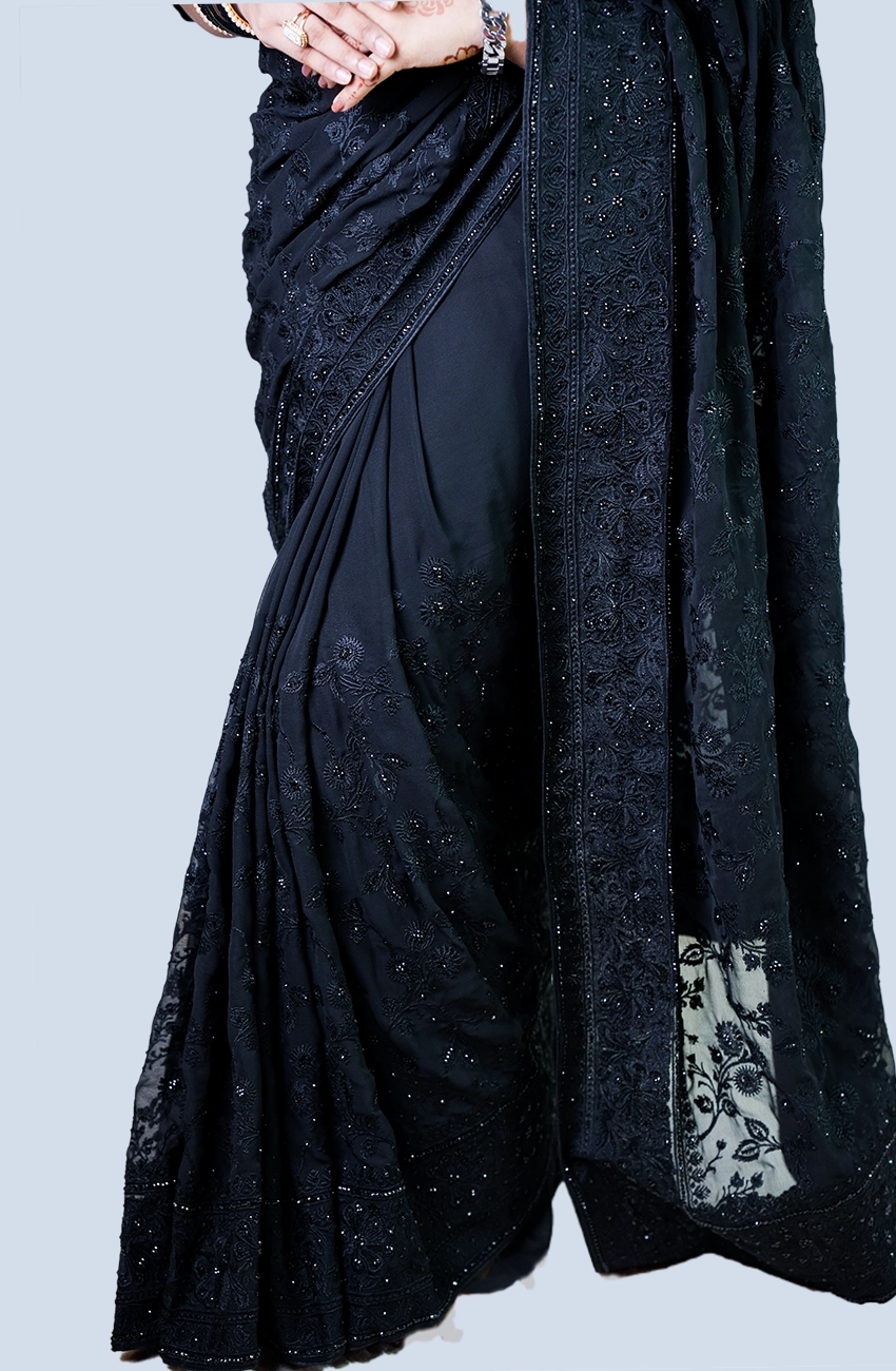 Black Soft Chiffon Georgette Saree with Elegant Stone & Embroidery Work
